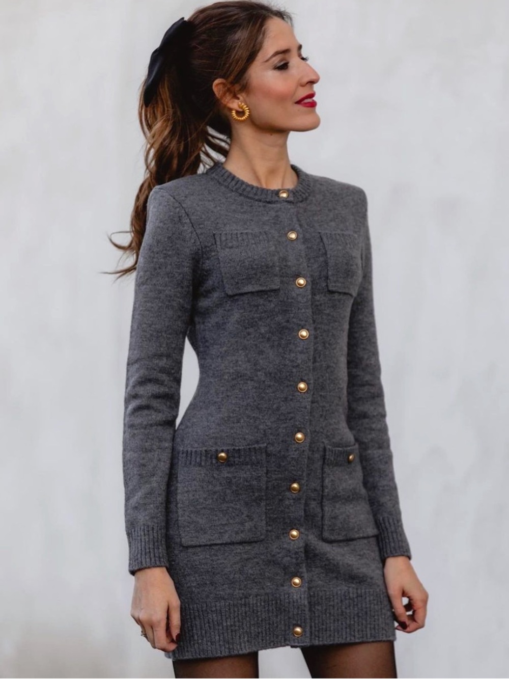 Zara gray gold button longline knit cardigan sweater dress size Small ❤️ - Picture 2 of 8